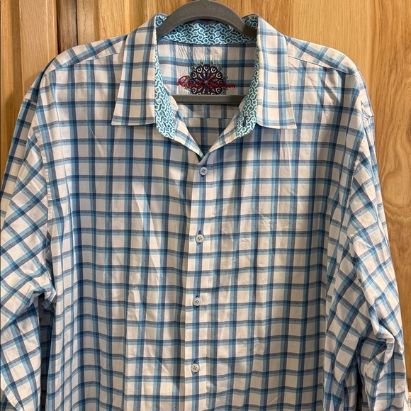 Robert Graham Blue and White Plaid Button Down Cuff and Neck Accents Shirt 2XLT - Picture 2 of 11